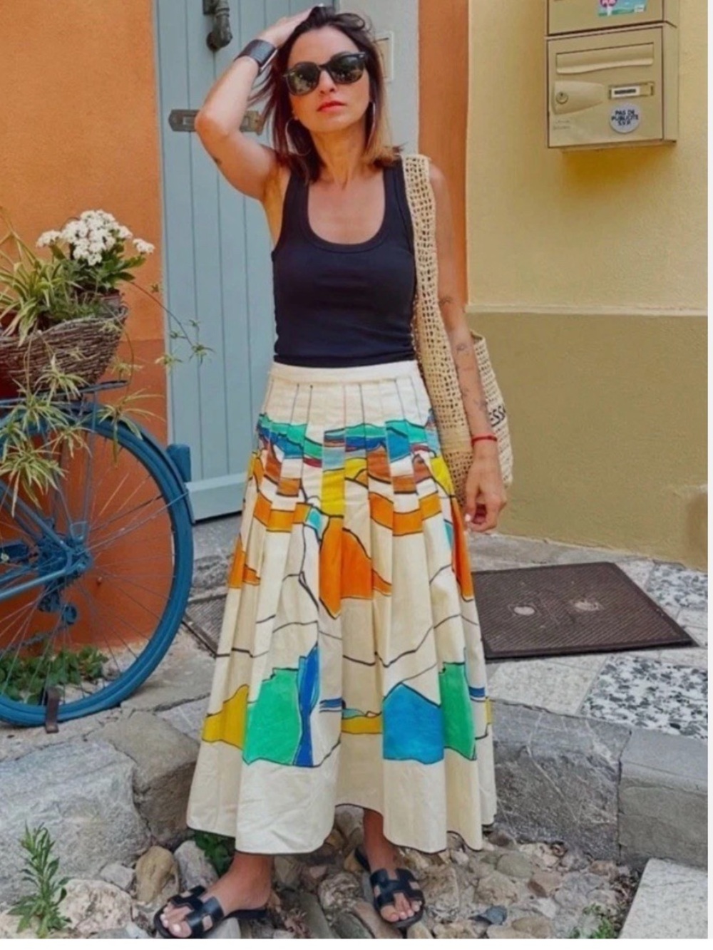 Zara Cream Maxi Skirt with Bold Blue, Green & Orange Panels